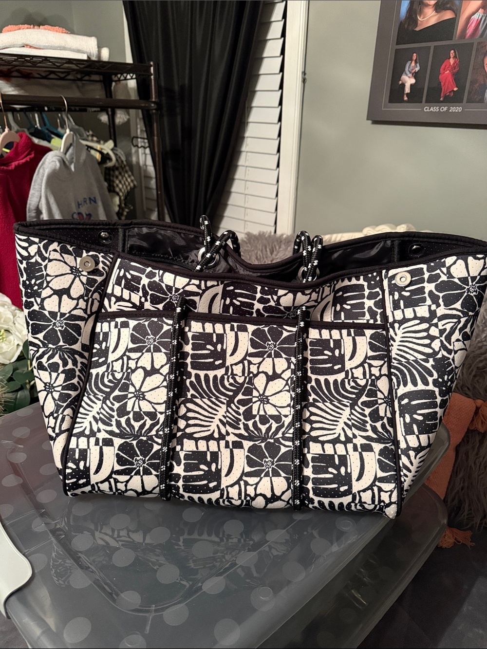 Black and White Floral Tote Bag - Stylish Everyday Carry. Beach bag